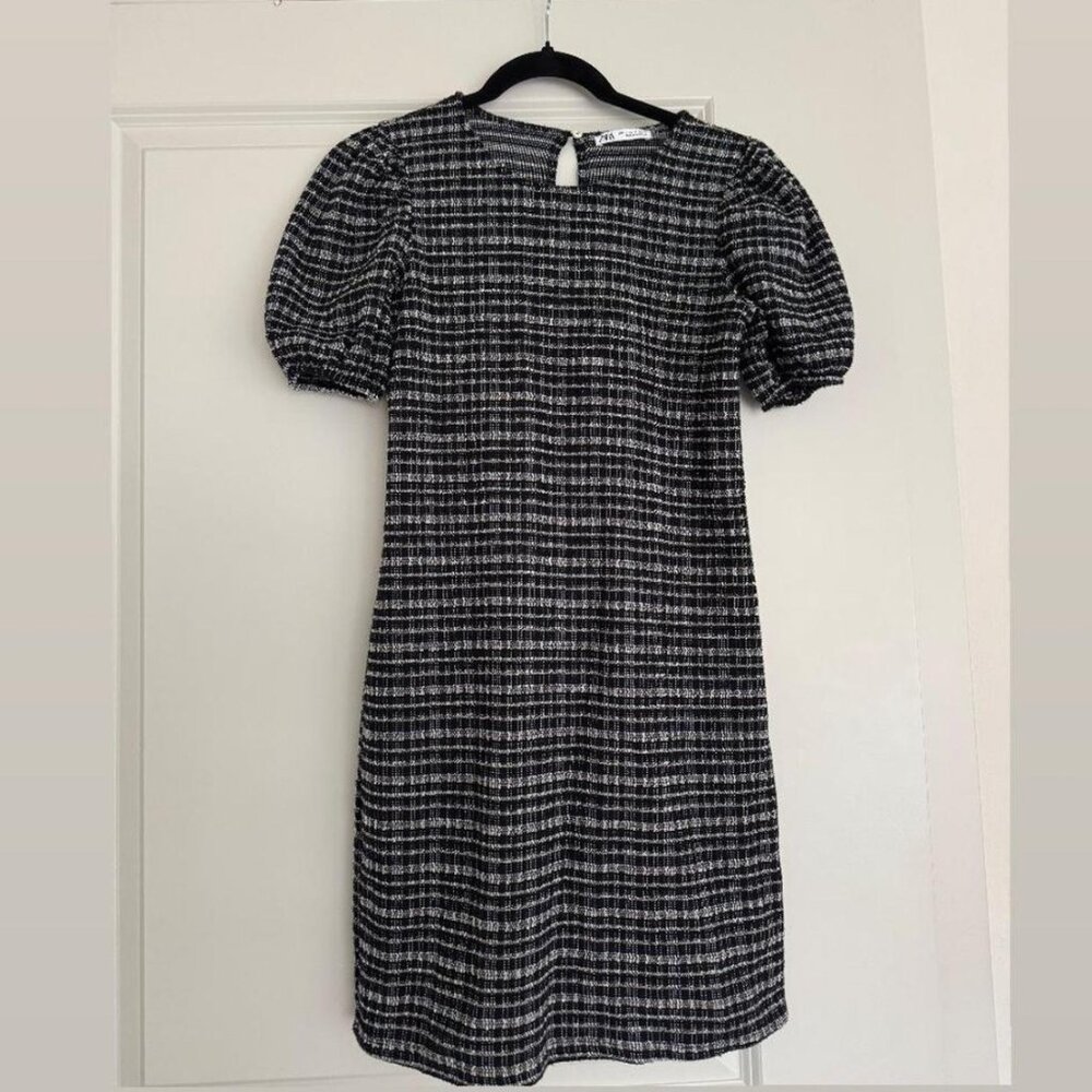 ZARA Tweed Puff Sleeve Mini Dress – Black & White, Size S